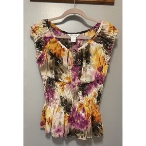 ALLISON TAYLOR Sleeveless Blouse Womens Large Floral Print Chiffon Pleated